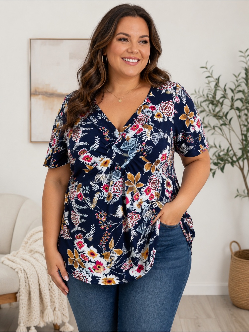 Women’s Navy Floral V-Neck Top